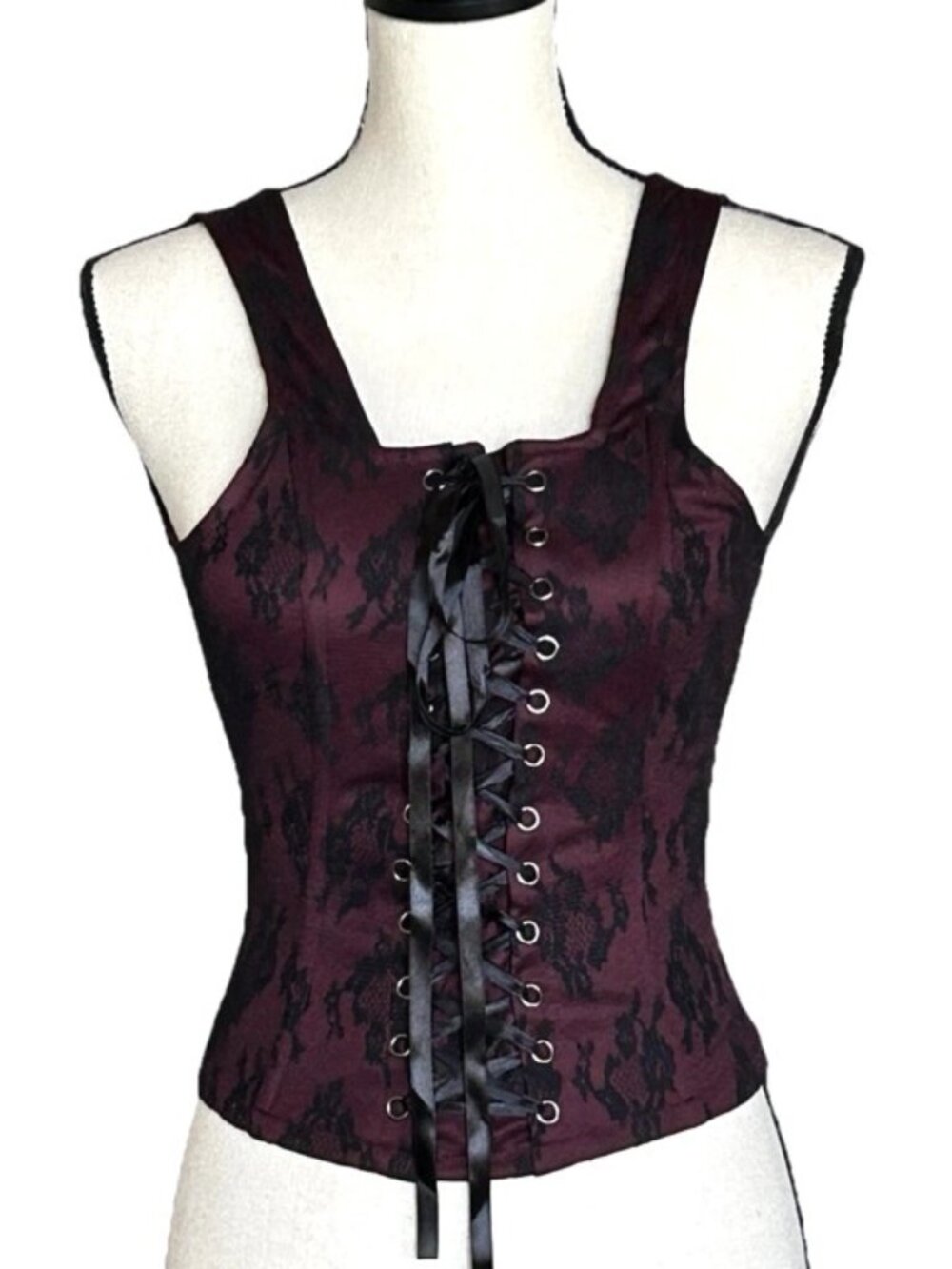 Social Collision Womens Sz M Lace Up Back Zip Corset Top Red Black Burlesque